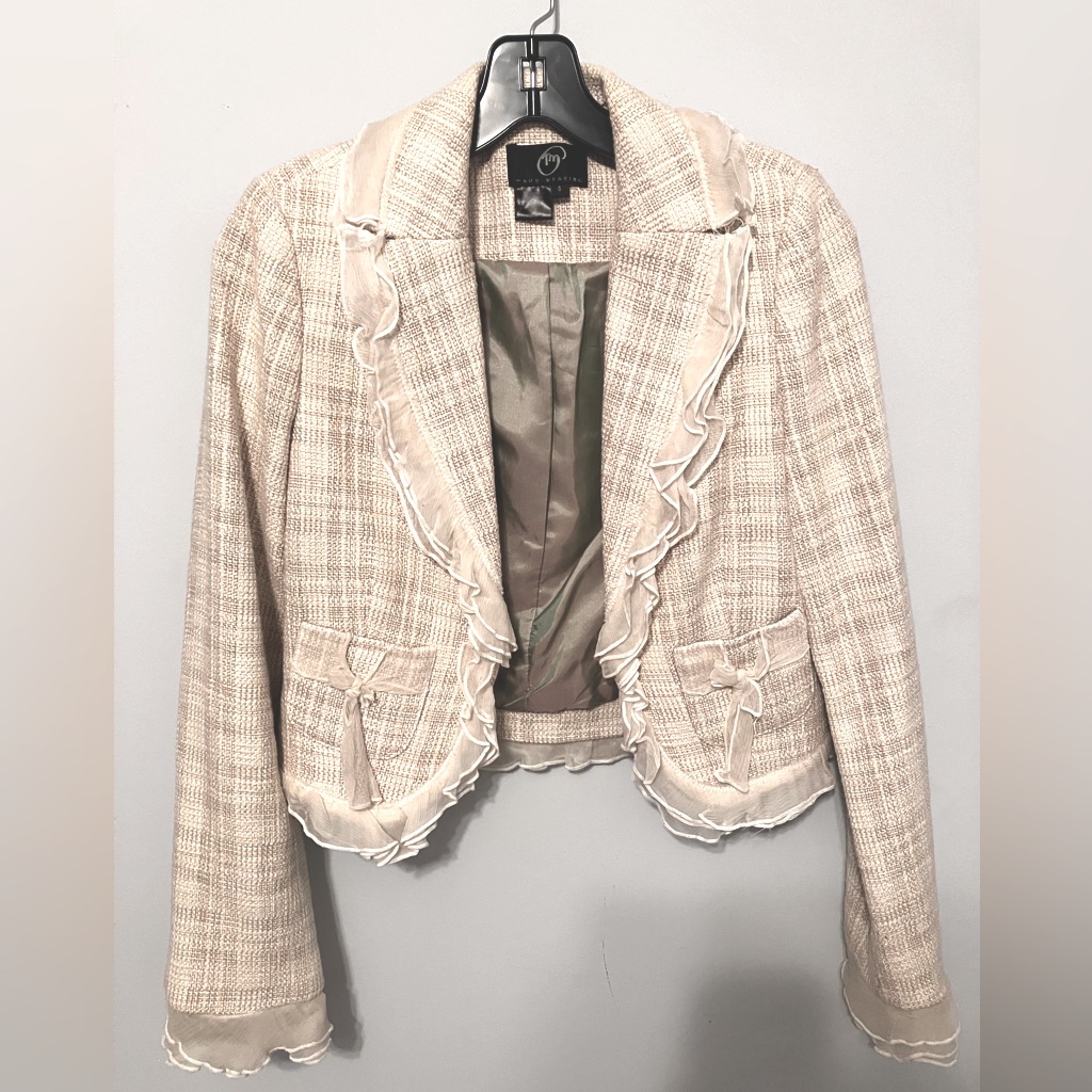 True Meaning Tweed Jacket W/Chiffon Trim Size 6